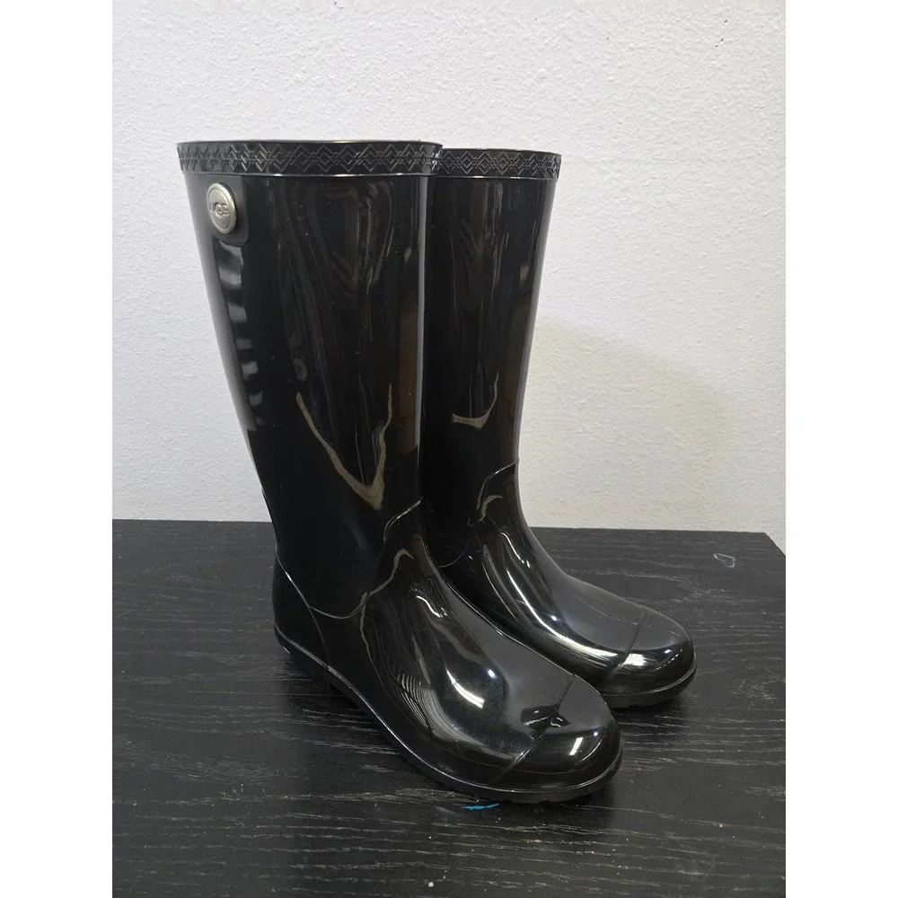 UGG Rain Boots Waterproof Black Glossy Tall Rubber Boots Womens Size 8